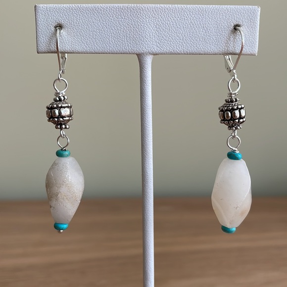 HAND CRAFTED EARRINGS White Milky Quartz Twisted Oblong Beads Turquoise Rondelle - Picture 5 of 12